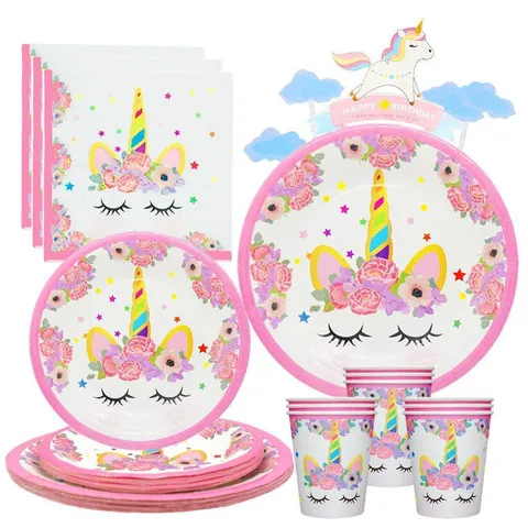 Blumen Einhorn Geburtstag Partyartikel Geschirr Pappteller Tassen Servietten Banner Tischdecke Kinder Geburtstag Party Deko