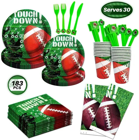 Fournitures de Vaisselle de Fête d'Anniversaire sur le Thème du Football Américain Assiettes en Papier Jetables Gobelets Serviettes Décorations sur le Thème du Sport Vert