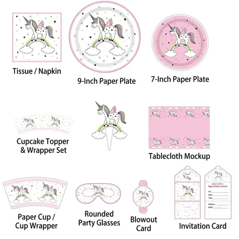 Vaisselle de Fête d'Anniversaire Licorne Arc-en-ciel Assiettes en Papier Gobelets Serviettes Nappe Bannière Articles de Décoration Fête Enfants Filles