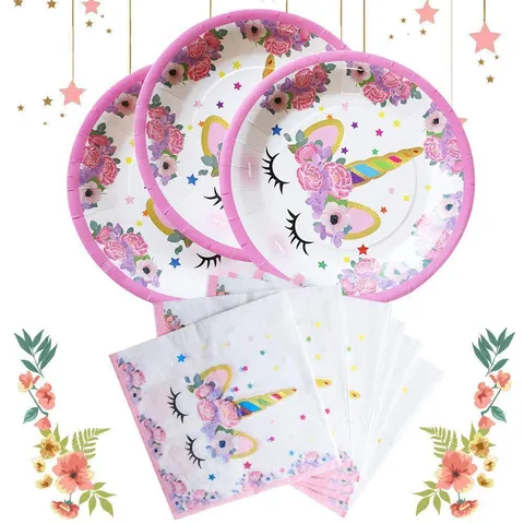 Fournitures de Fête d'Anniversaire Licorne Fleurs Vaisselle Assiettes Gobelets Serviettes Bannière Nappe Décoration d'Anniversaire Enfants