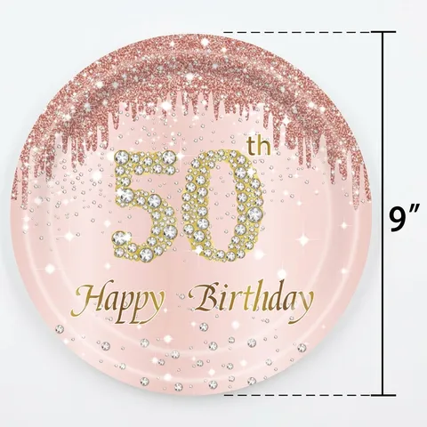 Ensemble de Vaisselle de Fête d'Anniversaire Or Rose Assiettes en Papier Jetables Gobelets Serviettes Nappe pour Décorations d'Anniversaire