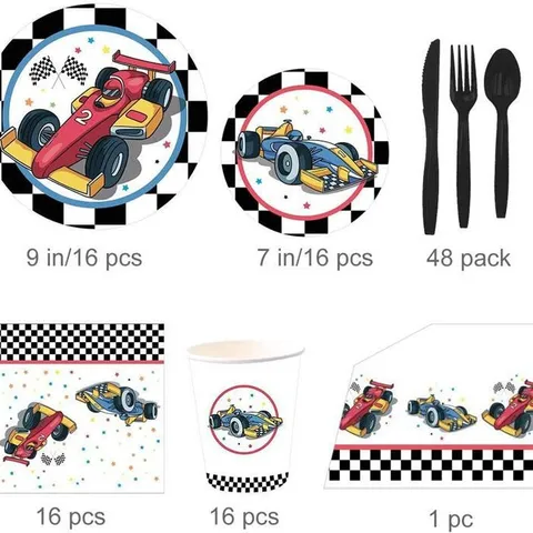 Ensemble Vaisselle de Fête Anniversaire Thème Voiture de Course Assiettes Gobelets Serviettes à Damiers pour Garçons