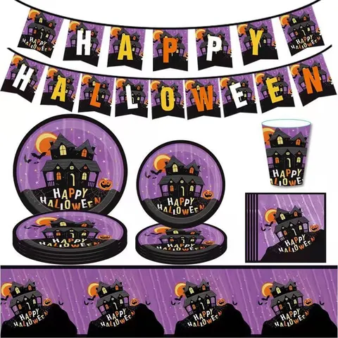 Ensemble Vaisselle de Fête d'Halloween Château Violet Citrouille Chauve-souris Assiettes en Papier Gobelets Serviettes Bannière Nappe