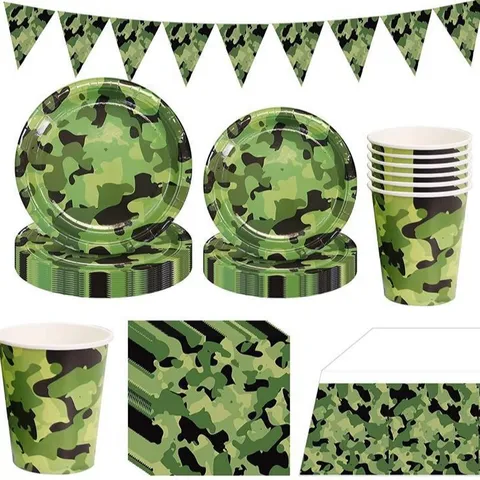 Ensemble de Vaisselle de Fête d'Anniversaire à Thème Camouflage Militaire Assiettes en Papier Gobelets Serviettes Nappe Banderole pour Décoration Enfant