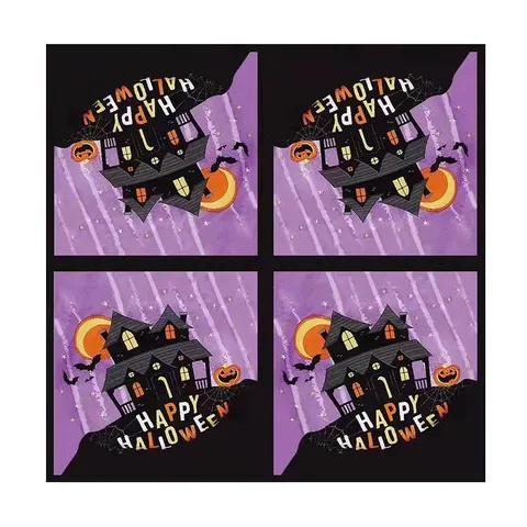 Ensemble Vaisselle de Fête d'Halloween Château Violet Citrouille Chauve-souris Assiettes en Papier Gobelets Serviettes Bannière Nappe