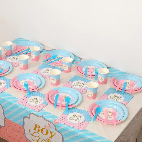 Ensemble de Vaisselle pour Fête de Révélation de Sexe Boy Or Girl Rose Bleu Or à Pois Rayé Assiettes en Papier Gobelets Serviettes Nappe Kit Couverts