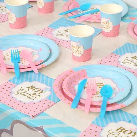 Ensemble de Vaisselle pour Fête de Révélation de Sexe Boy Or Girl Rose Bleu Or à Pois Rayé Assiettes en Papier Gobelets Serviettes Nappe Kit Couverts