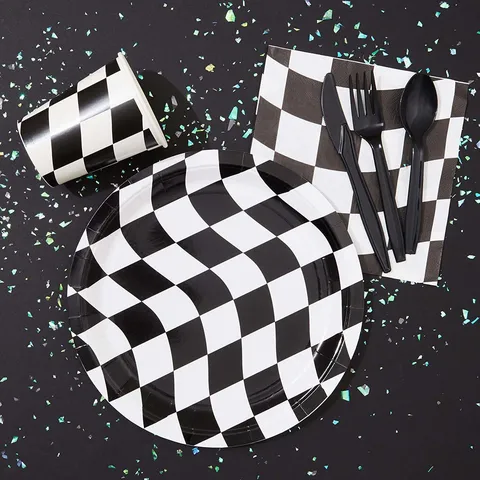 Ensemble de Vaisselle de Fête d'Anniversaire à Thème de Course à Damier Noir Blanc Drapeau de Course Assiettes Jetables Gobelets Serviettes Nappe Pour Enfants Adultes