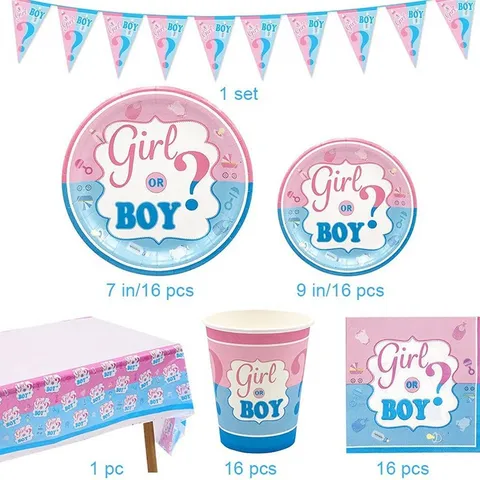 Gender Reveal Party Geschirr Set Junge Oder Mädchen Pappteller Becher Servietten Tischdecke Banner Für Baby Shower Geburtstag Party Dekorationen