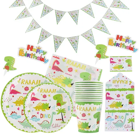 Ensemble de Vaisselle de Fête d'Anniversaire Dinosaure pour Enfants Assiettes en Papier Gobelets Serviettes Nappe Décoration de Fête
