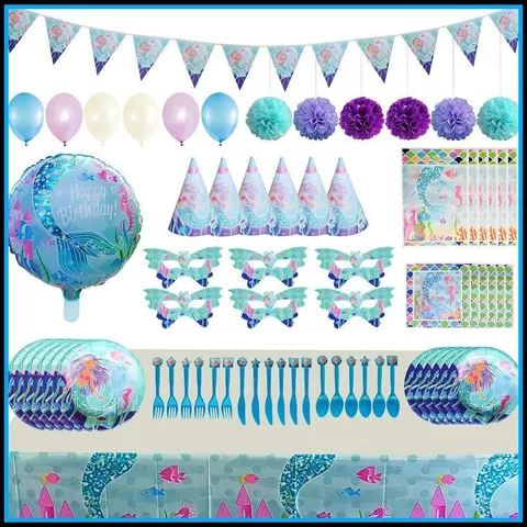 Ensemble de Fournitures de Fête d'Anniversaire pour Enfants Thème Sirène Nappe Gobelet en Papier Assiette Chapeau d'Anniversaire Serviette Kit de Décoration pour Enfants Filles