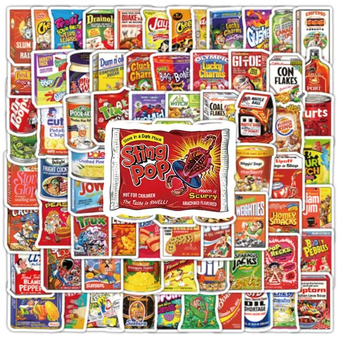 Pegatinas de Paquetes de Snack de Parodia Vintage Americano Impermeables de PVC Calcomanías Decorativas Creativas para Computadora Equipaje Diario