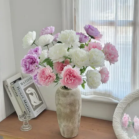 3-Head Artificial Peony Silk Flowers For Home Living Room Table Wedding Decoration Photography Props High Quality Floral Stem