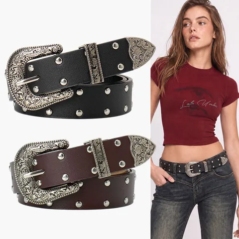 Women Retro Studded Belt With Engraved Alloy Pin Buckle Vintage PU Leather Bohemian Western Waist Belt For Jeans Casual Daily Dress
