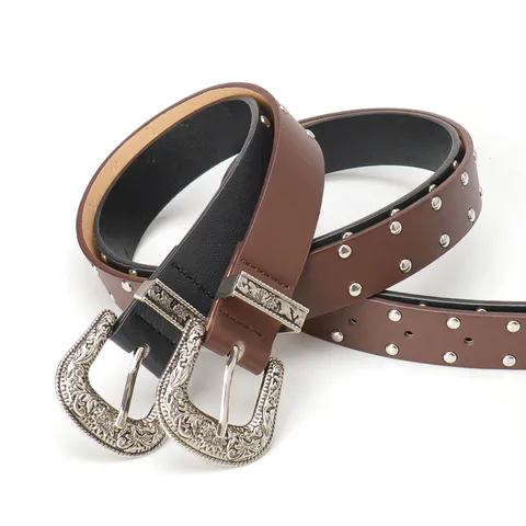 Women Retro Studded Belt With Engraved Alloy Pin Buckle Vintage PU Leather Bohemian Western Waist Belt For Jeans Casual Daily Dress