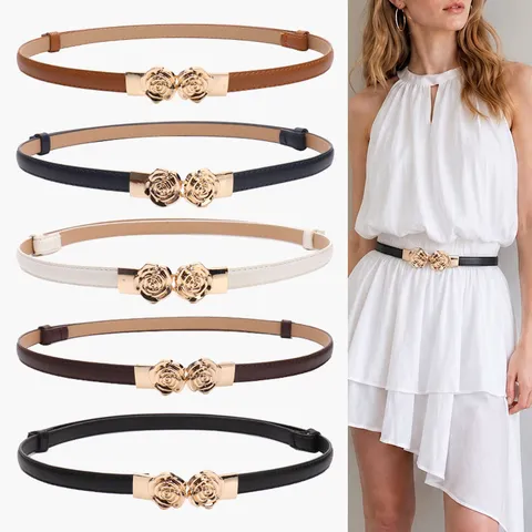 Cintura Sottile Donna Vintage Con Fibbia a Rosa Cinturino Regolabile in Pelle Sintetica Accessorio Decorativo Per Abito