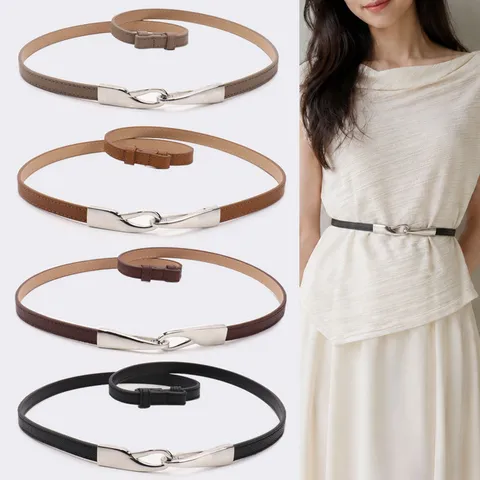Women's Simple PU Leather Thin Belt For Dress Adjustable Slim Waist Cinch Belt Alloy Interlocking Buckle Fashion Commuting Waistband