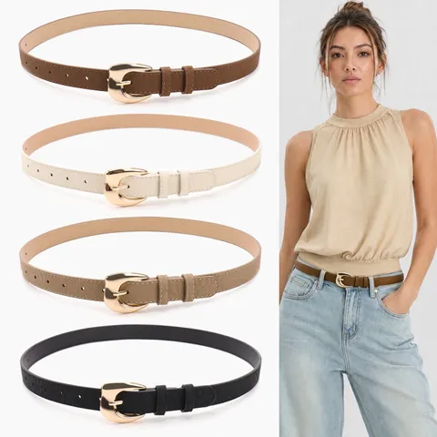 Women French Retro PU Leather Belt With Gold Alloy Horseshoe Buckle Elegant Waist Strap For Suit Pants Dress Casual Accessories