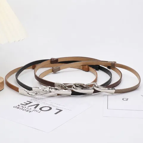 Women's Simple PU Leather Thin Belt For Dress Adjustable Slim Waist Cinch Belt Alloy Interlocking Buckle Fashion Commuting Waistband