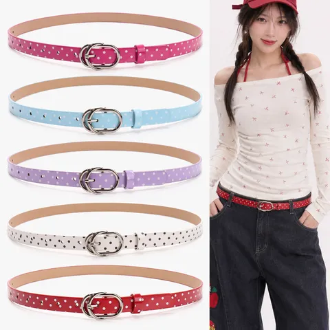 Ceinture Fine en Cuir Artificiel à Pois pour Femmes Mode Style Sucré Épicé Sangle de Taille Étroite Réglable avec Boucle en Alliage