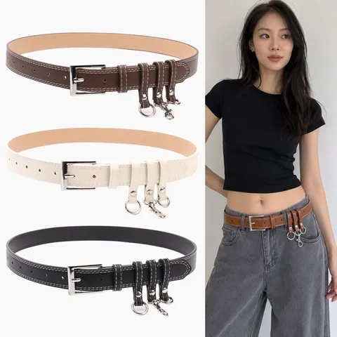 Women Fashion PU Leather Belt White Contrast Stitching Square Alloy Pin Buckle Waistband With Hanging Metal Rings For Jeans Decoration