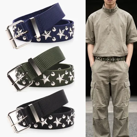 Trendy Heavy Duty Star Rivet Imitation Nylon Belt For Men Women Street Style Decorative Waistband For Jeans Waist Accessory