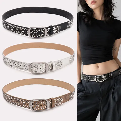Women Punk Studded Belt Irregular Metal Rivets PU Leather Vintage Heavy Metal Style Waistband Silver Pin Buckle Streetwear