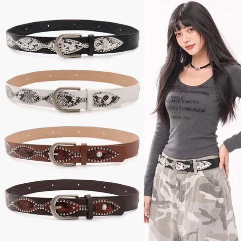 Women American Y2K Studded Belt Vintage Western Snake Pattern PU Leather Waist Strap With Artificial Pearl Alloy Pin Buckle