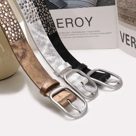 Women Punk Studded Belt Irregular Metal Rivets PU Leather Vintage Heavy Metal Style Waistband Silver Pin Buckle Streetwear