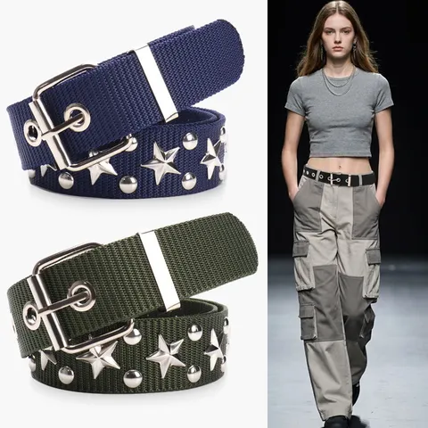 Trendy Heavy Duty Star Rivet Imitation Nylon Belt For Men Women Street Style Decorative Waistband For Jeans Waist Accessory