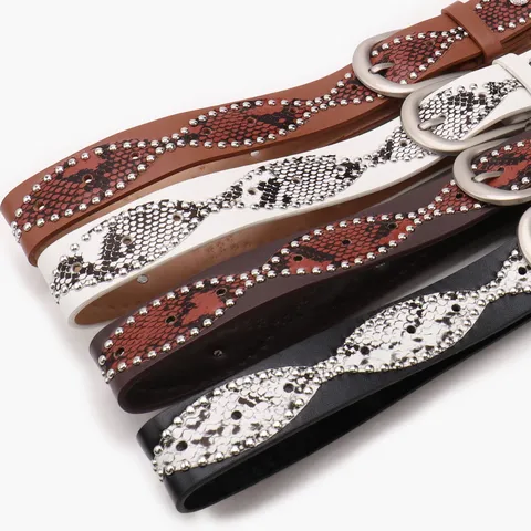 Women American Y2K Studded Belt Vintage Western Snake Pattern PU Leather Waist Strap With Artificial Pearl Alloy Pin Buckle