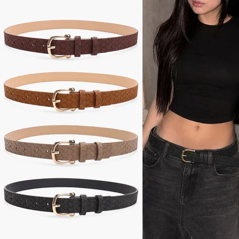 Fashion Women PU Leather Belt With Personalized Horseshoe Buckle Braided Texture Decorative Waist Strap For Jeans Dresses
