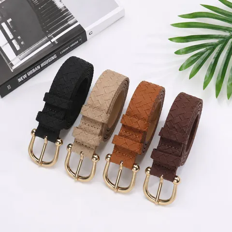 Fashion Women PU Leather Belt With Personalized Horseshoe Buckle Braided Texture Decorative Waist Strap For Jeans Dresses