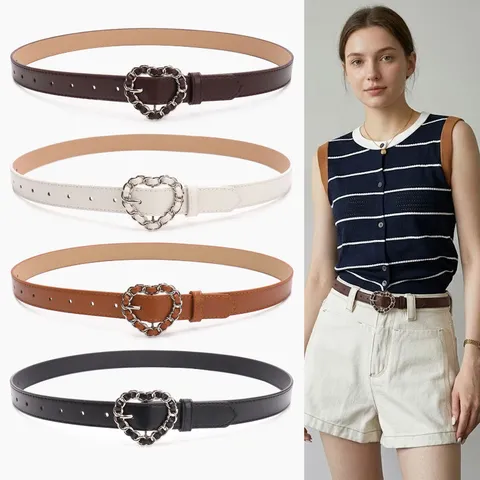 Women Fashion PU Leather Belt Heart Shaped Chain Link Buckle Luxury Minimalist Waist Strap For Jeans Dress Accessories