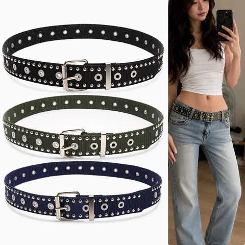 Unisex Double Row Studded Punk Gothic Belt Faux Nylon Webbing With Metal Eyelets Grommet Streetwear Waistband For Jeans