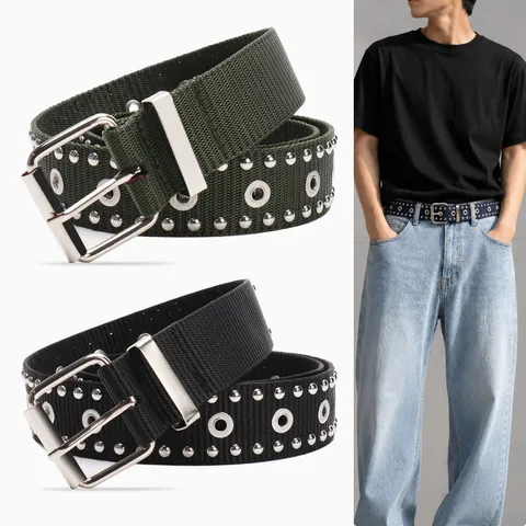 Unisex Double Row Studded Punk Gothic Belt Faux Nylon Webbing With Metal Eyelets Grommet Streetwear Waistband For Jeans