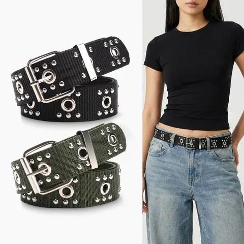 Punk Style Rivet Studded Web Belt For Men Women Canvas Grommet Waist Belt With Metal Pin Buckle Streetwear Casual Jeans Accessory