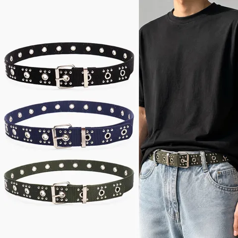 Punk Style Rivet Studded Web Belt For Men Women Canvas Grommet Waist Belt With Metal Pin Buckle Streetwear Casual Jeans Accessory