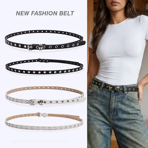 American Retro Punk Eyelet Belt For Women PU Leather Metal Double Prong Buckle Y2K Streetwear Fashion Waist Belt For Jeans
