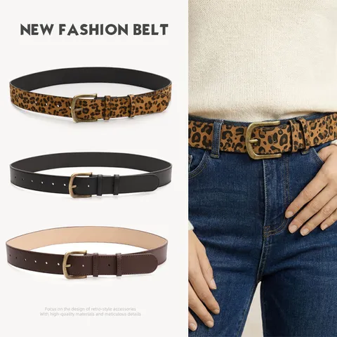 Women Vintage Leopard Print PU Leather Belt With Alloy Pin Buckle Fashion Waist Strap For Jeans Dresses