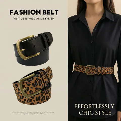 Women Vintage Leopard Print PU Leather Belt With Alloy Pin Buckle Fashion Waist Strap For Jeans Dresses