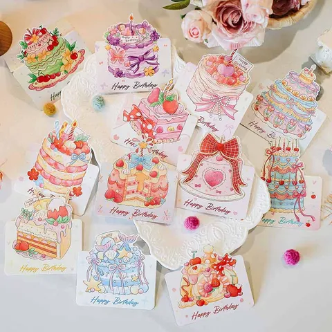 Tarjetas de Felicitación 3D de Acuarela de Feliz Cumpleaños Diseño Creativo de Pastel Tarjetas de Mensaje para Fiesta Floristería Regalo