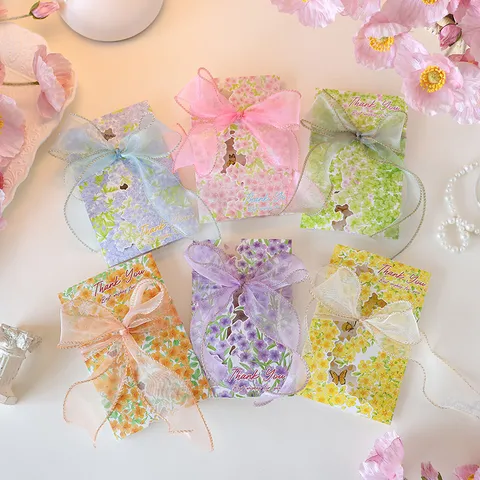 Floral Greeting Card with Organza Ribbon Bow Elegant Cardstock Thank You Card Best Wishes For Wedding Mothers Day Gift