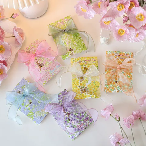 Floral Greeting Card with Organza Ribbon Bow Elegant Cardstock Thank You Card Best Wishes For Wedding Mothers Day Gift