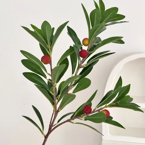 Artificial Arbutus Berry Branches Silk Green Leaves Red Fruit Stem For Home Vase Decor Hotel Wedding Photography Prop