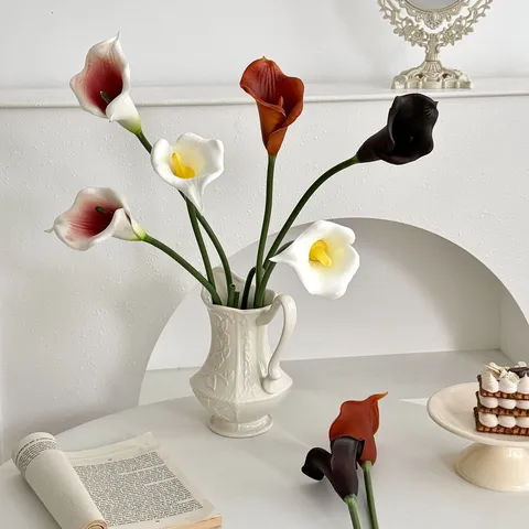 Lirio de Cala Artificial de Tallo Largo Poliuretano Flor Falsa Pétalo Rizado Lirios de Cala Para Decoración de Mesa de Boda Accesorios de Fotografía