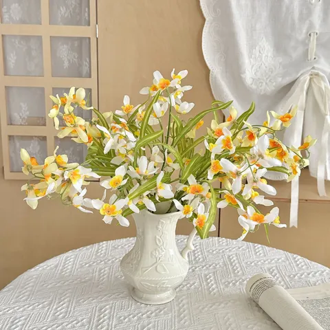 Realistic Artificial Cymbidium Orchid Flowers Silk Polyester Long Stem Fake Floral Branch For Home Wedding Tabletop Decor Photography Props