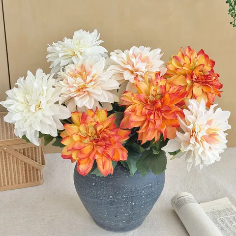 Retro Burnt Edge Artificial Dahlia Silk Flowers For Home Living Room Table Decor Vintage Faux Floral Bouquet Photography Props
