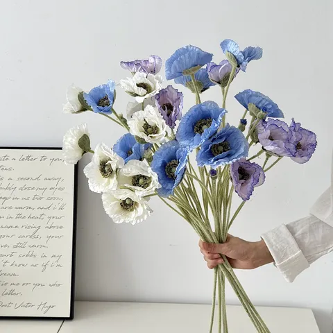 Flor de Amapola Oriental Artificial Tallo Flocado Tela de Seda Amapola Sintética para Decoración Hogar Boda Fotografía