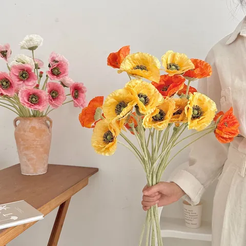 Flor de Amapola Oriental Artificial Tallo Flocado Tela de Seda Amapola Sintética para Decoración Hogar Boda Fotografía